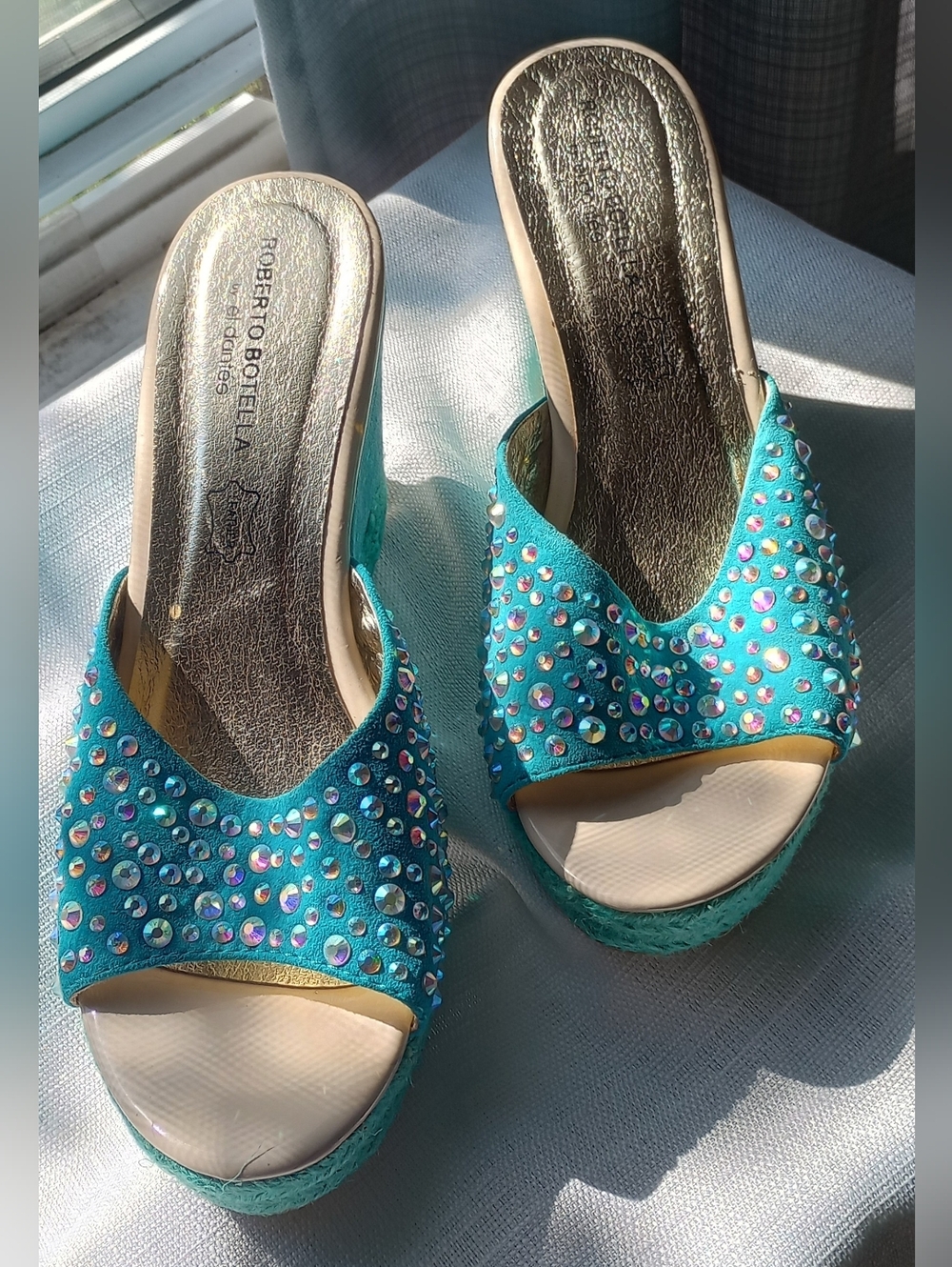 Crystal Embellished Turquoise Wedge Slides for Women - Picture 2 of 9